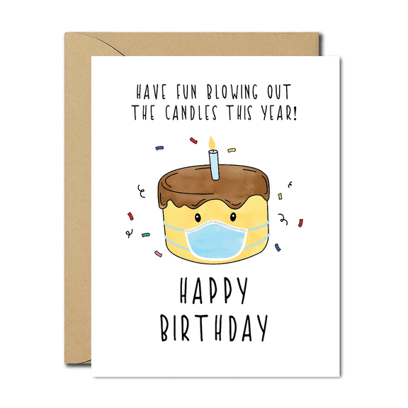 Funny Birthday Card with Cake and Mask Design "Have Fun Blowing Out the Candles This Year!" Envelope Included, Blank Inside Perfect for Birthdays