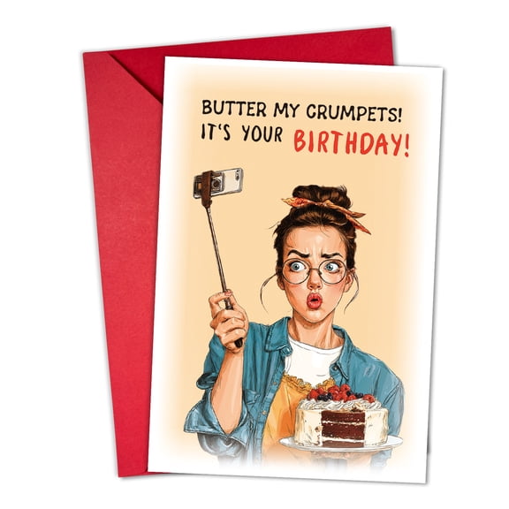 Funny Birthday Card with Cake and Selfie  "Butter My Crumpets!" Design  Blank Inside, Envelope Included  Perfect for Celebrating Friends and Family Birthdays