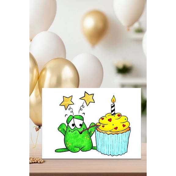 Funny Birthday Card  Cute Green Monster with Cupcake Design  Blank Inside, Envelope Included  Perfect for Friends and Family Celebrations