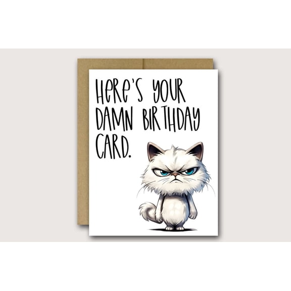 Funny Birthday Card with Grumpy Cat Design  Heres Your Damn Birthday Card  Includes Envelope, Blank Inside  Perfect for Friends and Family Birthdays