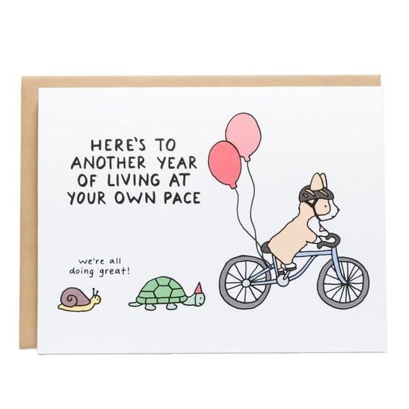 Funny Birthday Card  "Here's to Another Year of Living at Your Own Pace" with Snail & Turtle Design  Blank Inside, Envelope Included  Perfect for Friends & Family Celebrations
