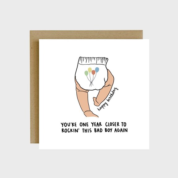 Funny Birthday Card – "One Year Closer to Rockin' This Bad Boy Again" – Humorous Design with Balloons – Blank Inside with Envelope – Perfect for Any Birthday Celebration