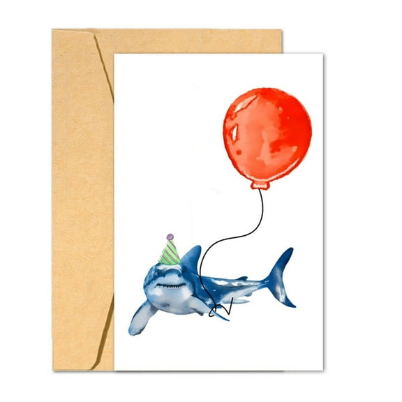 Funny Birthday Card with Shark Character  "Party Shark" Design Featuring Balloon  Envelope Included, Blank Inside  Perfect for Kids and Ocean Lovers