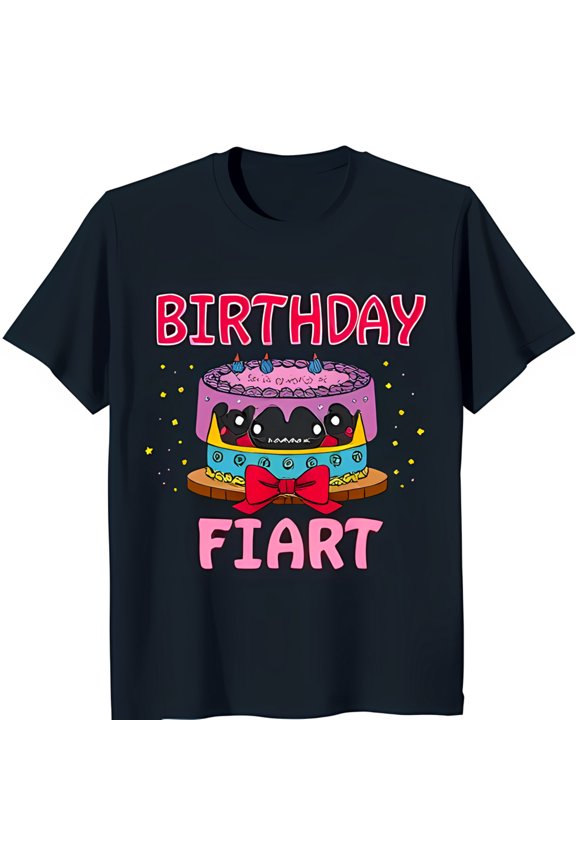 Funny Birthday Fiart T-Shirt with Cartoon Cake Design Pink & Cake with Candles