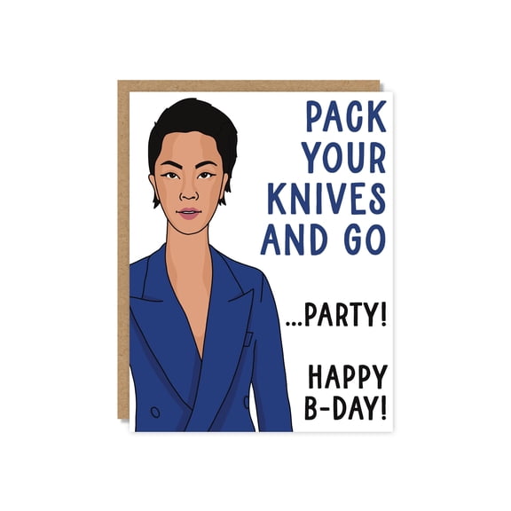Funny Birthday Greeting Card, Culinary Reality Show Theme, "Pack Your Knives and Go...Party!" Design for Chef Fans, Includes Envelope, Blank Inside for Personal Message