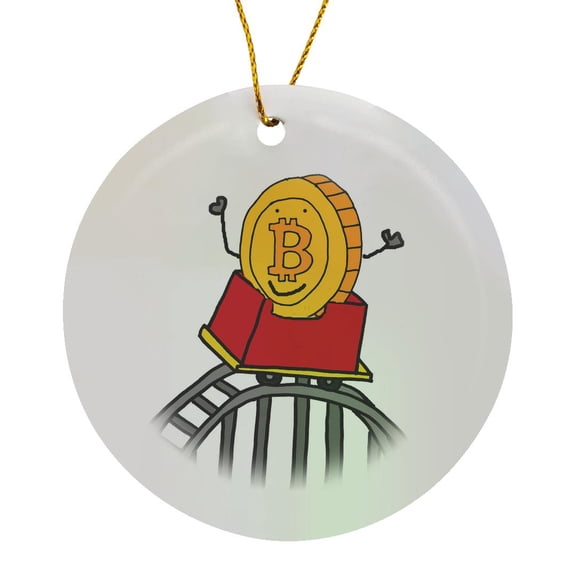 3drose, Funny Bitcoin Cryptocurrency Coin Riding Roller Coaster Digital Money, Circle Porcelain Ornament
