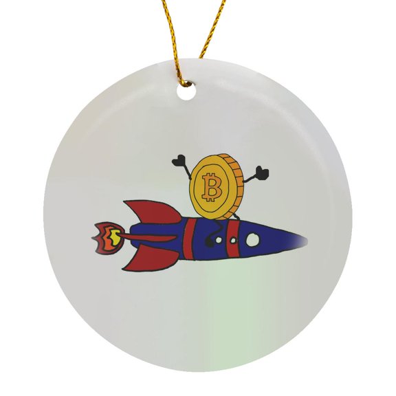 3drose, Funny Bitcoin Cryptocurrency on Rocket Ship Money Investing Cartoon, Circle Porcelain Ornament