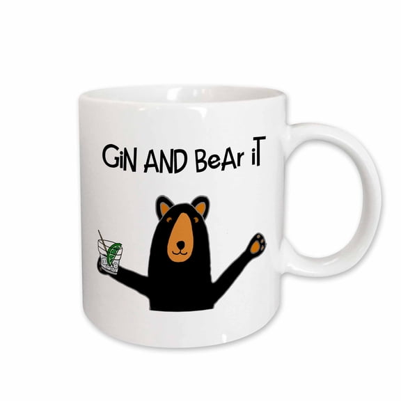 3drose, Funny Black Bear Drinking Gin Drink Gin and Bear It Pun, 11oz Mug