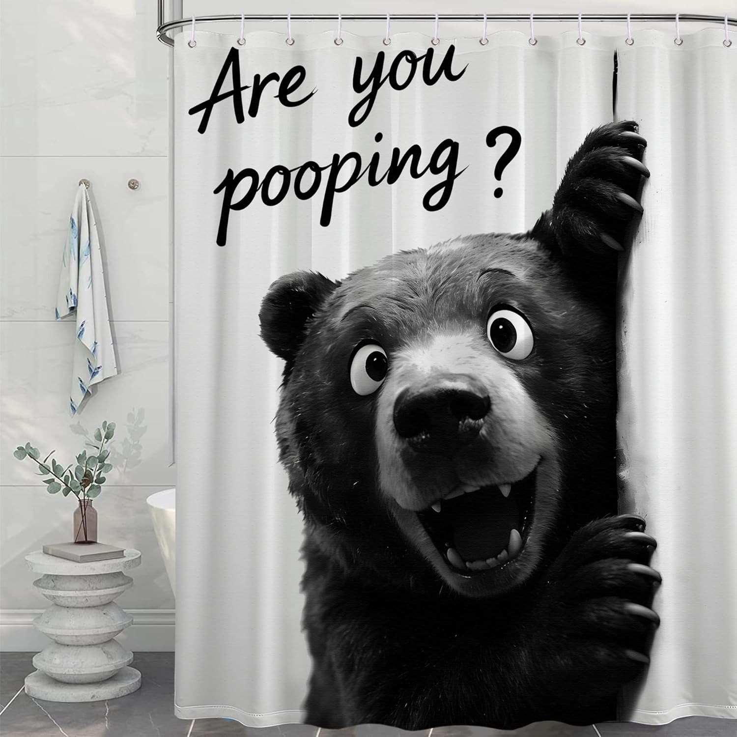 Funny Black Bear Shower Curtain Novelty Animal Safari Wildlife Shower Curtains for Kids Bathroom Decor Sets, Waterproof Cloth Fabric with Hooks, 70x72 Inch