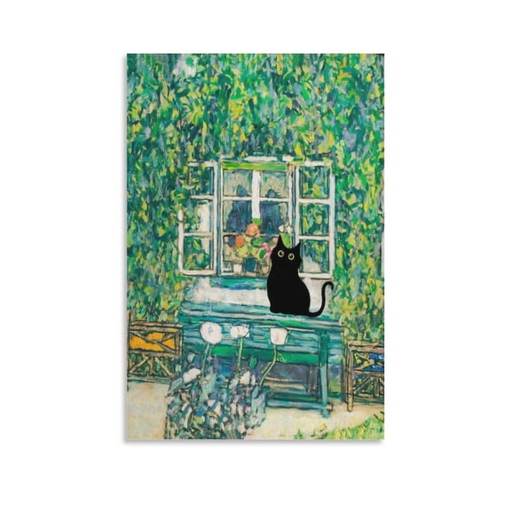 Funny Black Cat Art, Gustav Klimt Forest Cat Poster, Floral Print, Cat in The Garden Artworks Canvas Poster Room Aesthetic Wall Art Prints Home Modern Decor Gifts 12x18inch(30x45cm)