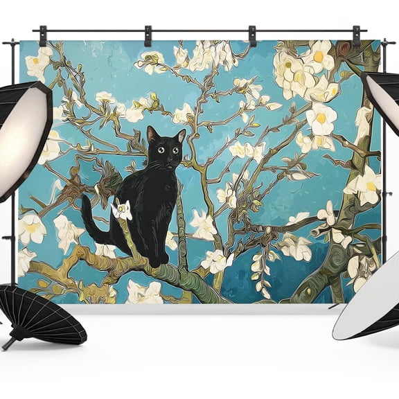 Funny Black Cat Backdrop for Photography, Blossom White Floral Branches Vintage Photo Backdrop Portrait Background Party Banner Photo Backgrounds for Studio Booth Props, 7x5ft