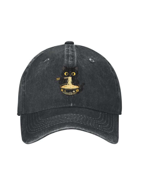 Funny Black Cat Baseball Cap with Eating Ramen Denim Adjustable Cute Cats Hat Gifts for Women Cat Lovers Mom Outdoor