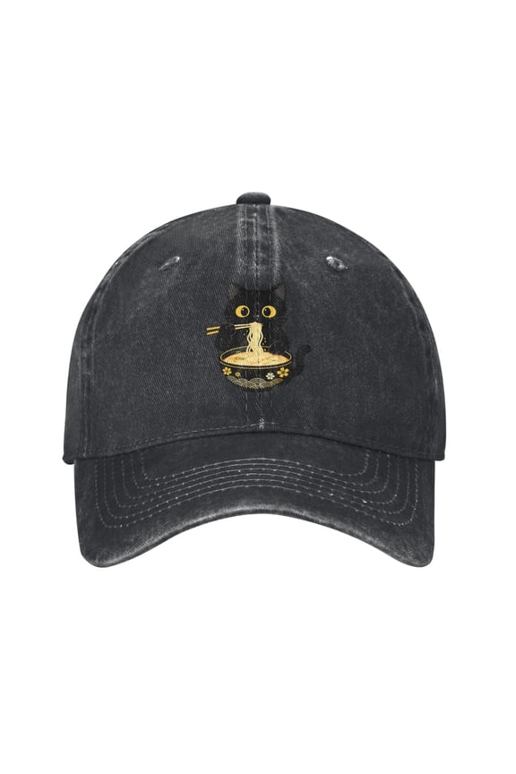 Funny Black Cat Baseball Cap with Eating Ramen Denim Adjustable Cute Cats Hat Gifts for Women Cat Lovers Mom Outdoor