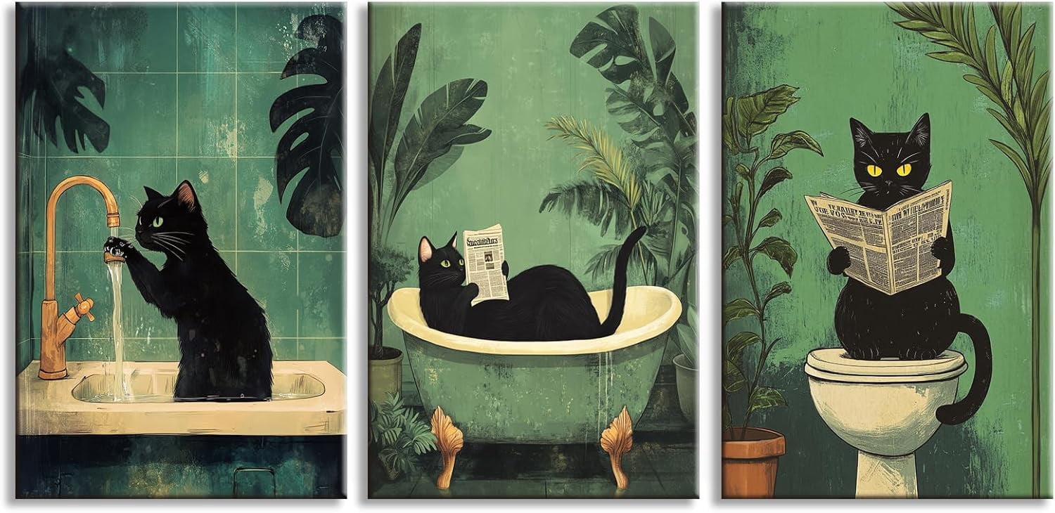 Funny Black Cat Bathroom Canvas Wall Art Cute Cat Wash Its Paws Reading ...