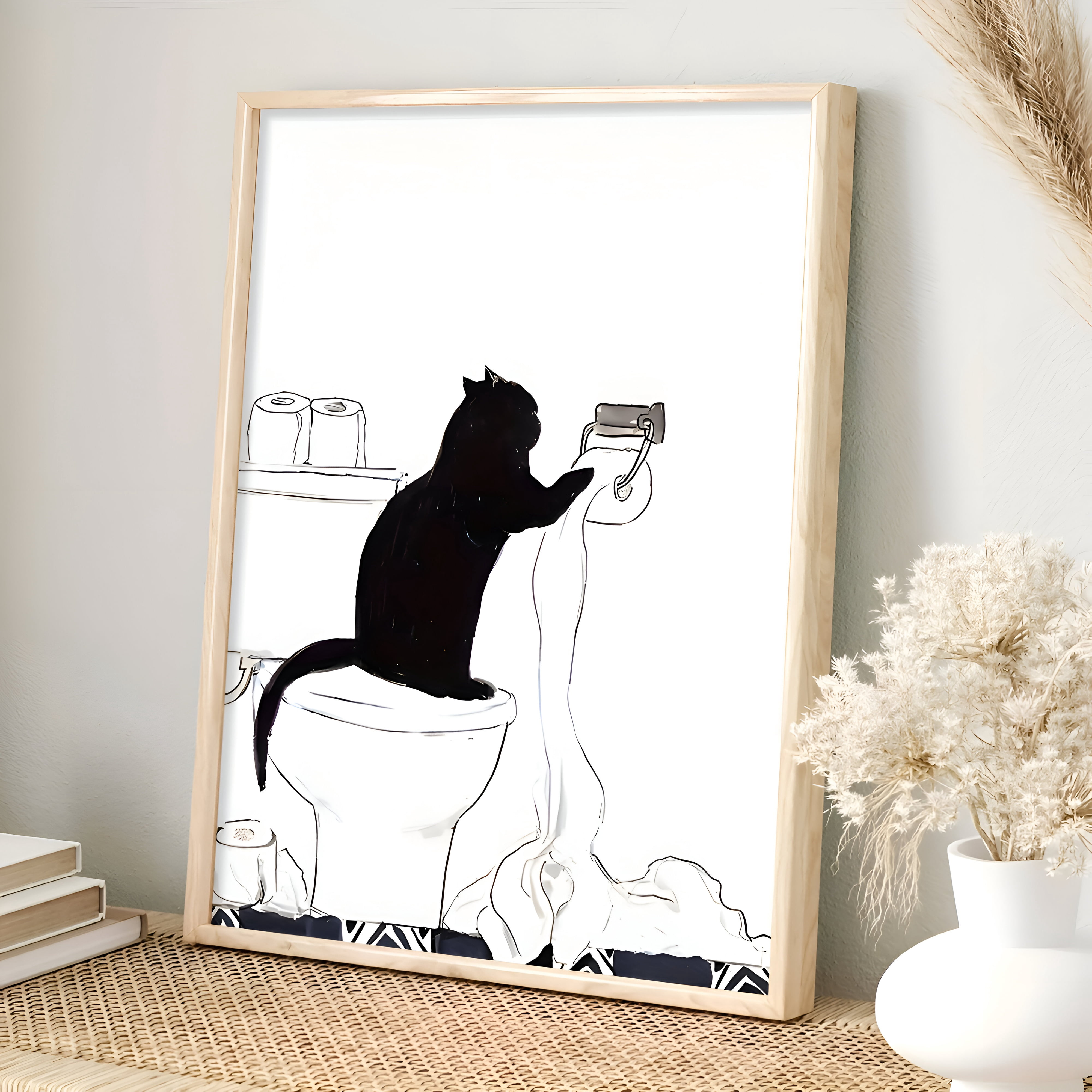 Funny Black Cat Bathroom Wall Art Poster Watercolor Cat With Toilet ...