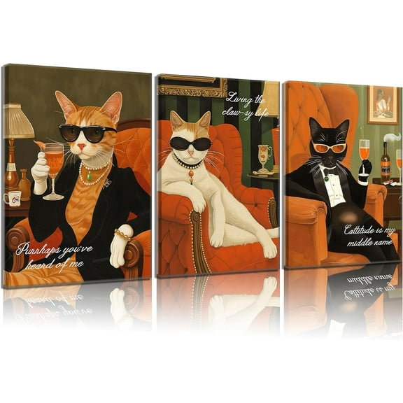 Funny Black Cat Canvas Wall Art Elegant Orange Cat Drinking Cocktail Painting Picture Wall Decor Luxury Feline Poster Print Bar Cart Artwork Decor for Bar Kitchen Dining Room (only canvas)