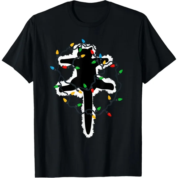 Funny Black Cat Christmas Light Vacation Holiday T-Shirt, for Men & Women, up to Size 5XL