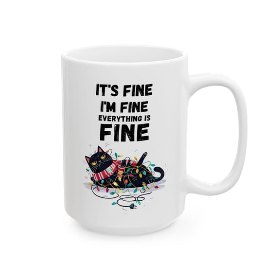 Funny Black Cat Christmas Mug Tangled in Lights