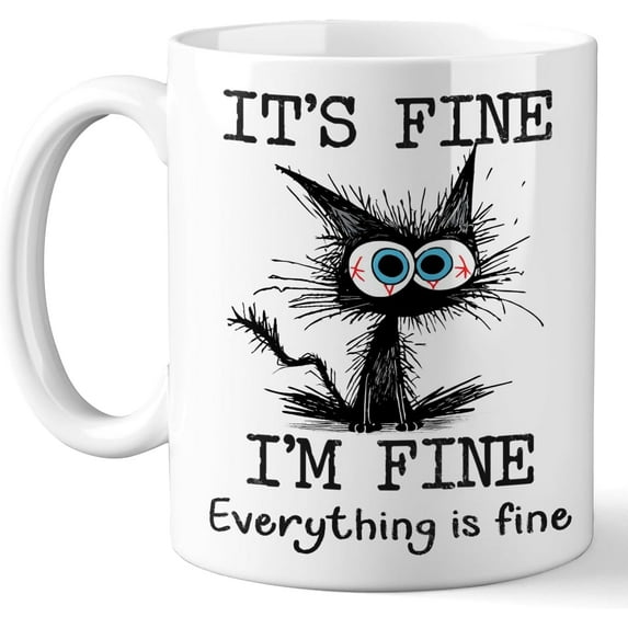 Funny Black Cat Coffee Cups, It‘s Fine Everything is Fine, Christmas Birthday Gifts for Cat Lovers, Funny Coffee Mug for Women, Men, Humor Office Mug, 11 Oz Ceramic Coffee Mugs