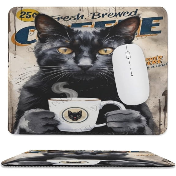 Funny Black Cat & Coffee Mouse Pad, Small Mouse Pads for Desk, Mini Travel Mousepad for Work Wireless Computer Laptop, Office Desk Accessories, Stitched Edge 10"x12"