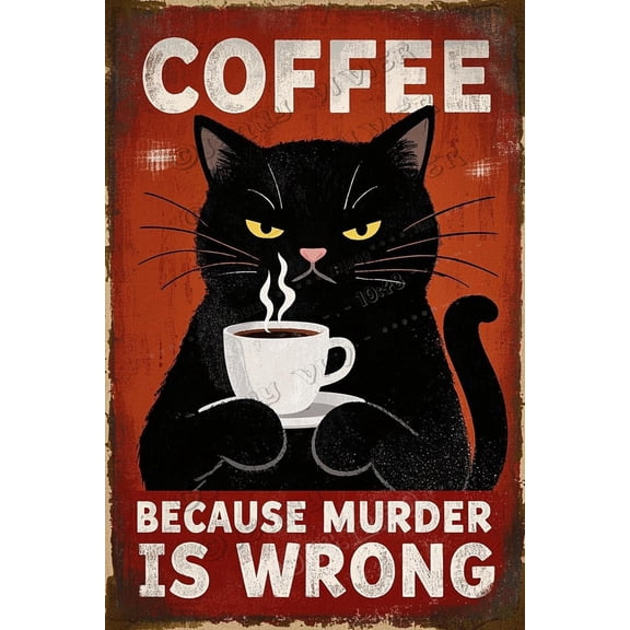 Funny Black Cat Decor Coffee Because Murder Is Wrong Vintage Metal Black Cat Signs Kitty Tin Sign,12x8 Inches,Aluminum