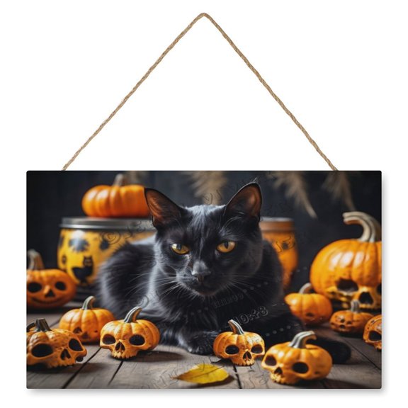 Funny Black Cat Decor Skull Skeleton Wooden Hanging Sign Happy Halloween Patty Decor All Saints' Day Decor Horror Wood Wall Art Holiday Party Supplies Indoor Decor 10"x16"