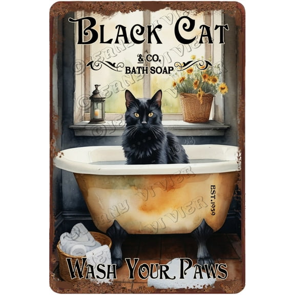 Funny Black Cat Decor Vintage Bathroom and Bathtub Metal Tin Sign Decor Pet lovers Gift Farm Home Bar Bathroom Man Cave Retro Wall Art Poster Sign Accessories 12"x8"