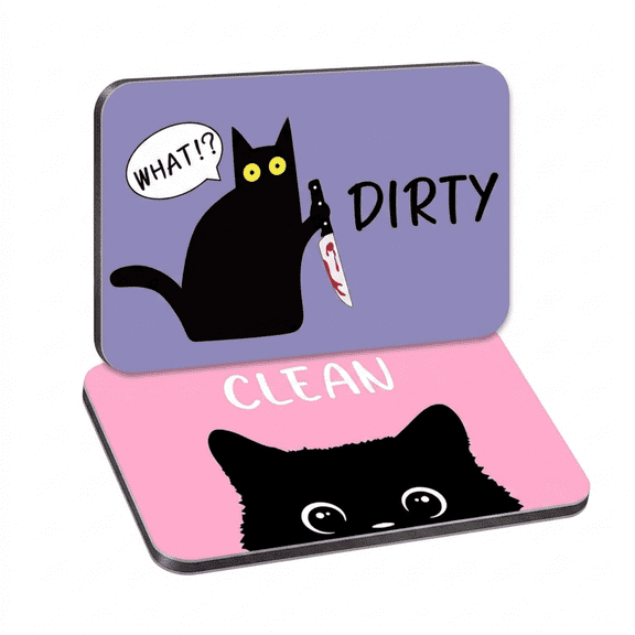 Funny Black Cat Dishwasher Magnet, Cute Reversible Clean Dirty Sign for Washing Machine, Refrigerator, Double Sided Non Scratch Kitchen Organization Tool, Pink and Purple