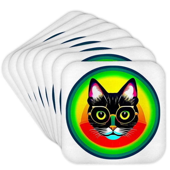 3drose, Funny Black Cat Face in Large Spectacles. Green, Yellow Round Shape, Set of 8 Coasters - Soft