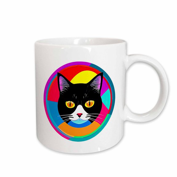 3drose, Funny Black Cat Face Inside the Colorful Geometrical Frame Gift, 15oz Mug