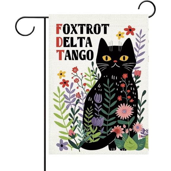 Funny Black Cat Floral Garden Flag, Sarcastic Spring Summer Outdoor Decoration, Humorous Double Sided Burlap Yard Banner, 12 x 18 Inches