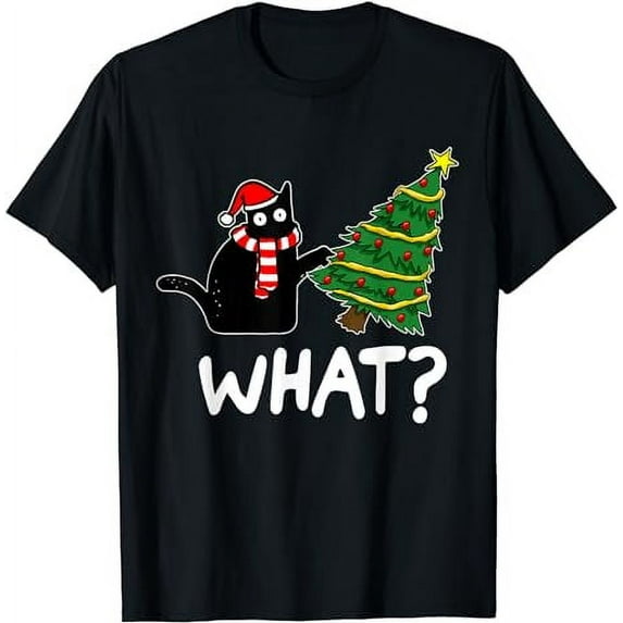 Funny Black Cat Gift Pushing Christmas Tree Over Cat What? T-Shirt