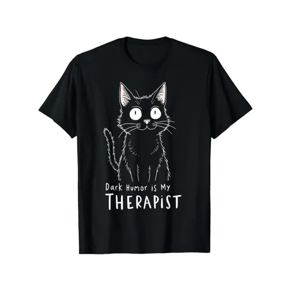 Funny Black Cat Graphic T-Shirt for Adults & Teens - "Dark Humor is My Therapist" Design, 100% Cotton, Casual Round Neck Tee, Unisex, Perfect for Outdoor Activities, S-XXXL