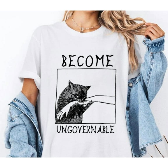 Funny Black Cat Graphic T-Shirt – "Become Ungovernable" Meme Tee for Men and Women