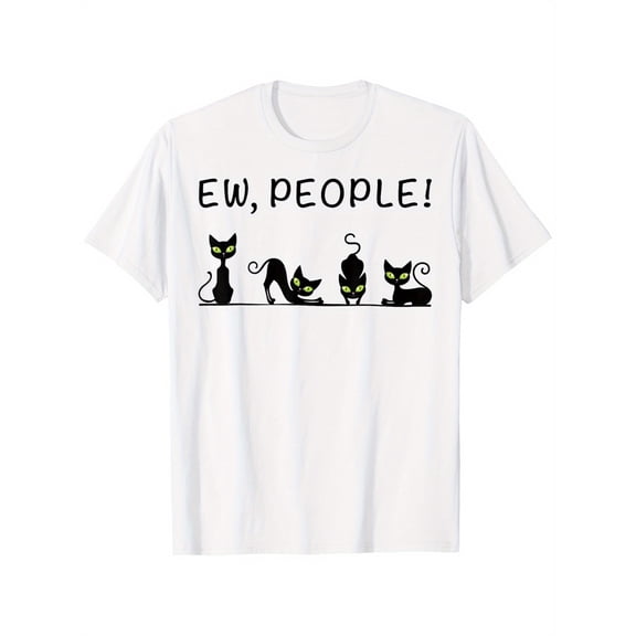 Funny Black Cat Graphic T-Shirt for Cat Lovers - "EW, PEOPLE!" Design, 100% Cotton, Unisex, S-XXXL, Casual Short-Sleeve Tee for All Seasons, Machine Washable