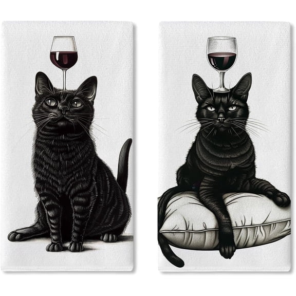 Funny Black Cat Kitchen Dish Towels Set of 2, Red Wine Bar Pub Drying Hand Towel Baking Cooking Cloth, Gifts for Pet Cat Owner Lovers Bathroom Home Decoration 18'' x 26''