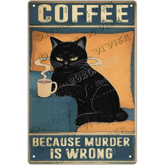 Funny Black Cat Metal Sign - Coffee Because Murder Is Wrong Sign, Crafts For Coffee Lovers, Cat Gift for Cat Lovers for Kitchen Bedroom Cafes Club Pub Bar Wall Decoration 5.5x8 Inches