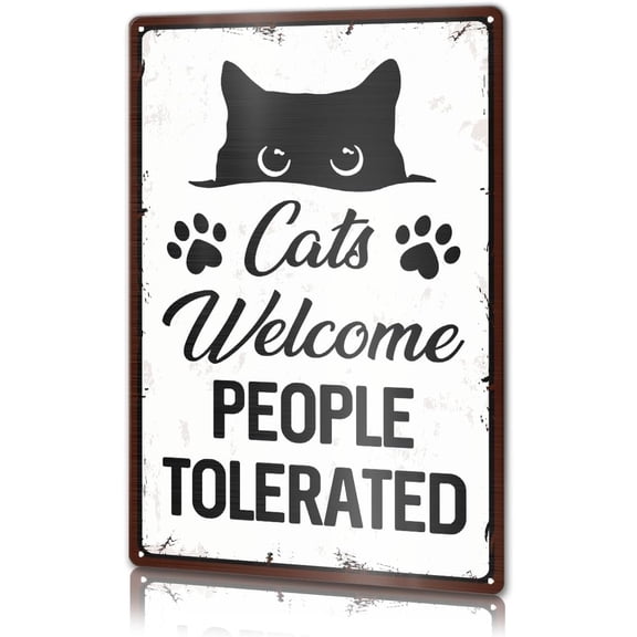 Funny Black Cat Metal Sign Home Wall Decor 12 X 8 Inches, Cats Welcome People Tolerated Sign for Home Front Door, Black Cat Gifts for Women Men