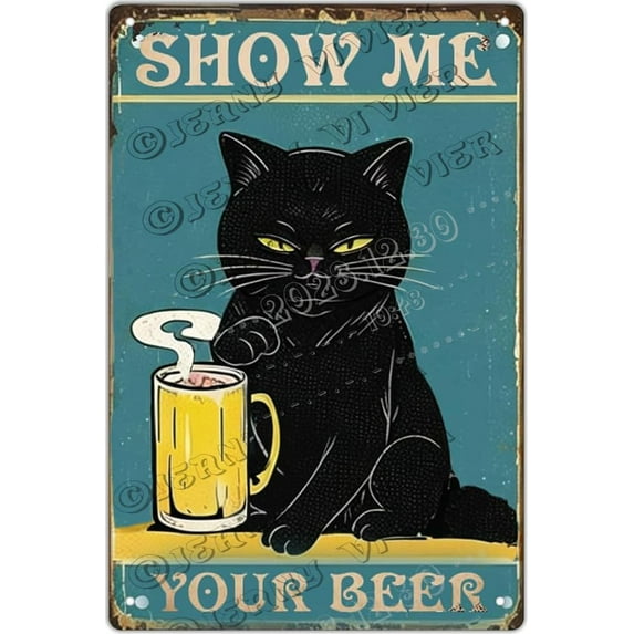 Funny Black Cat Metal Sign - Show Me Your Beer Funny Coffee Bar Signs for Home Kitchen Bar Cafe Club Cave Wall Decor, Beer Sign, Black Cat Decorations, Gifts For Cat Lovers 12x8 Inches