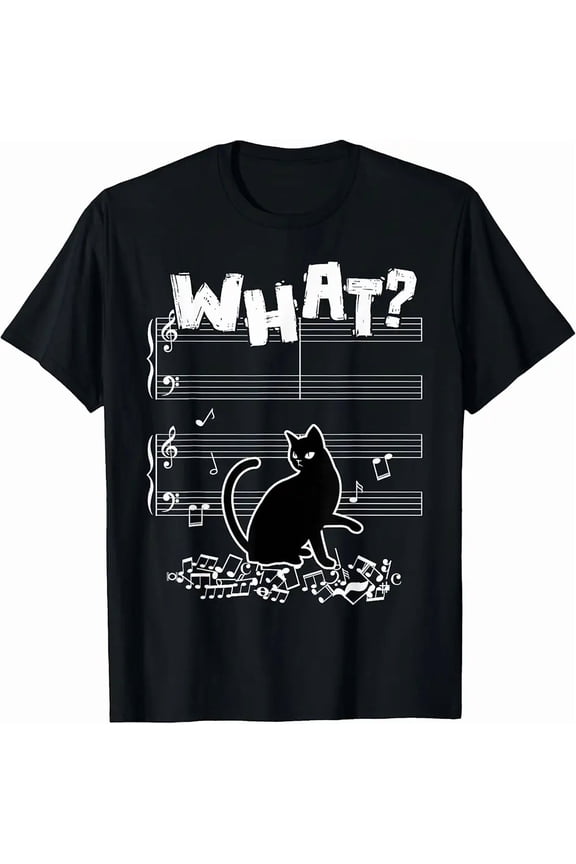 Funny Black Cat Music Score Pun for Men Women Casual Short Sleeve Tee