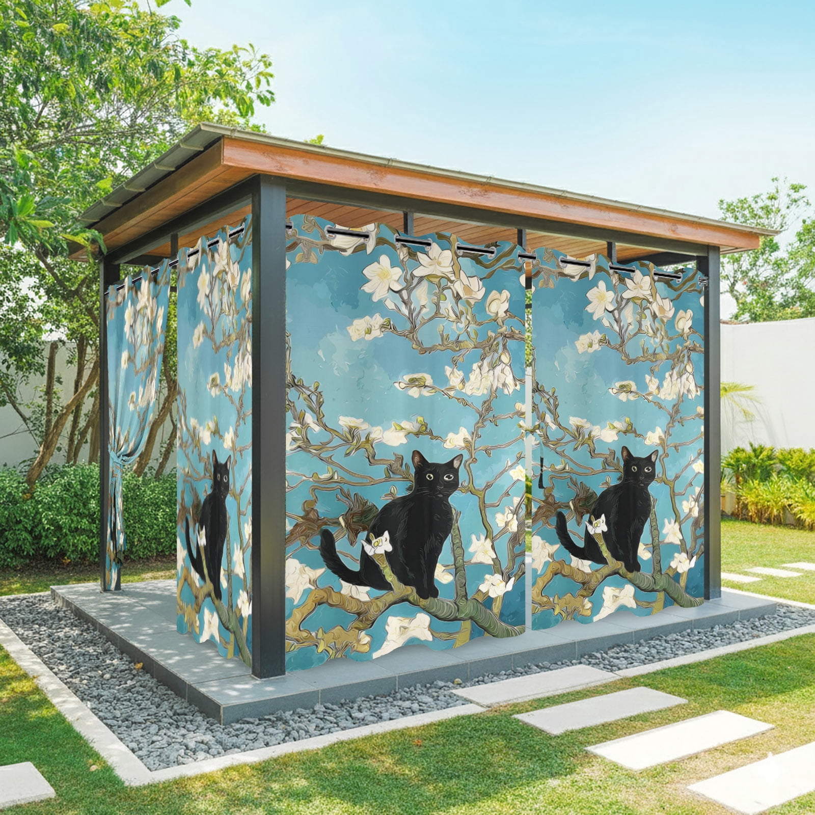 Funny Black Cat Outdoor Curtains for Patio, Blossom White Floral Branches Vintage Sunshade Privacy Drapes Grommet Waterproof Outside Curtains for Porch/Cabana/Balcony 54"x 95", 2 Panel