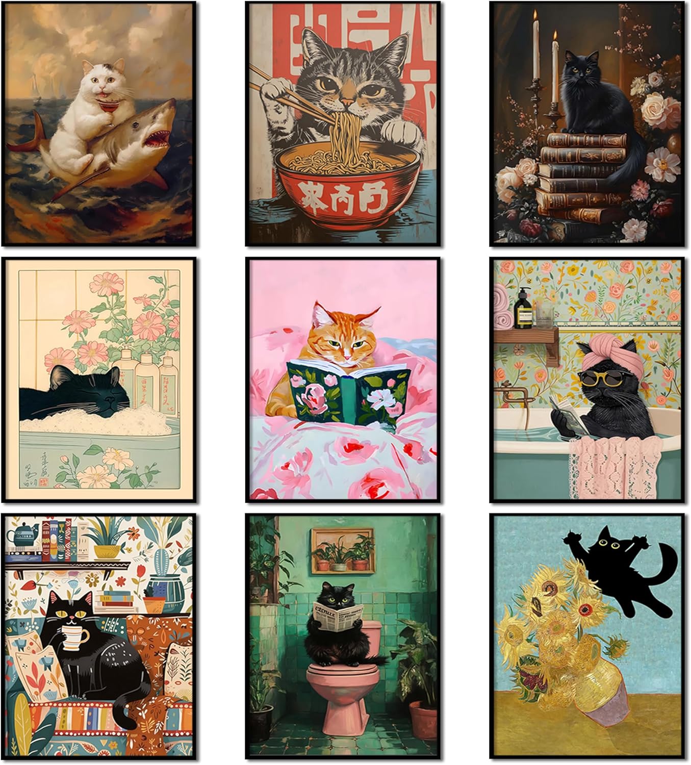 Funny Black Cat Posters Set of 9, Vintage Cute Cat Canvas Wall Art ...