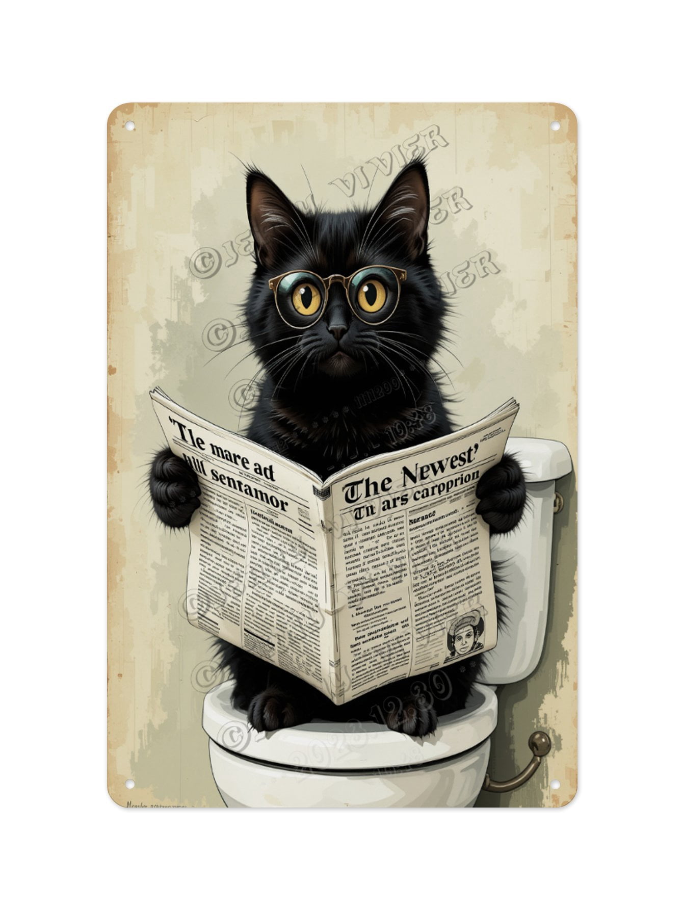 Funny Black Cat Reading Newspaper on the Toilet Aluminum Sign 12 x 16 ...