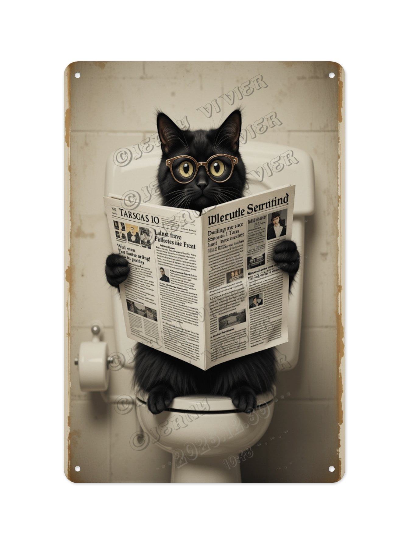 Funny Black Cat Reading Newspaper on the Toilet Aluminum Sign 8 x 12 ...