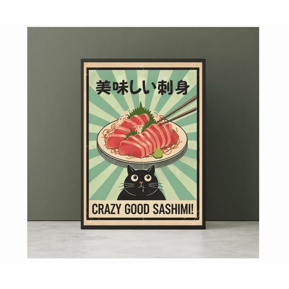 Funny Black Cat Sashimi Poster Vintage Japanese Neko Art Print Home Decor Office Wall Art