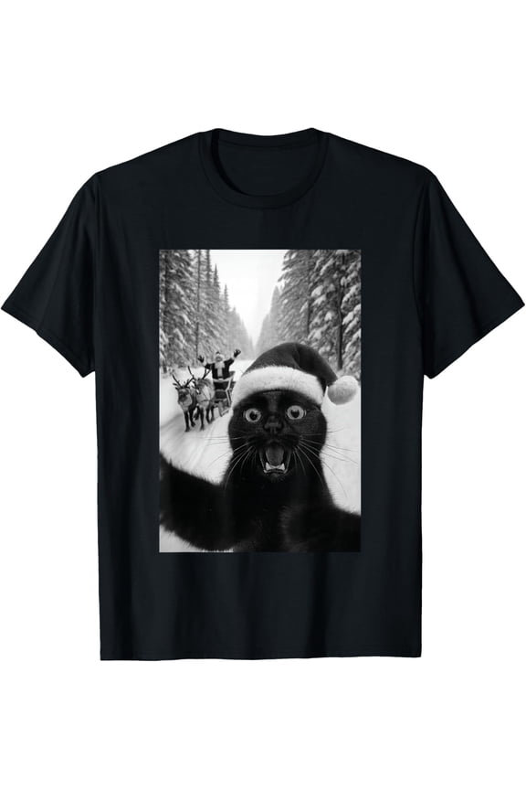 Funny Black Cat Selfie with Santa Christmas T-Shirt