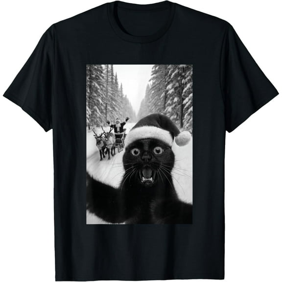 Funny Black Cat Selfie with Santa Christmas T-Shirt