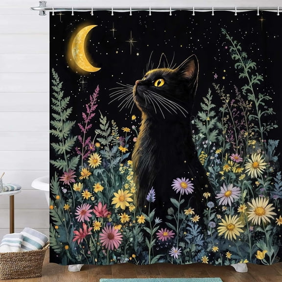 Funny Black Cat Shower Curtain for Bathroom, Rustic Floral Moon Garden Farmhouse Flower Plant Cute Boho Aesthetic Shower Curtain Waterproof Polyester Fabric with 12 Hooks 60x72 Inch