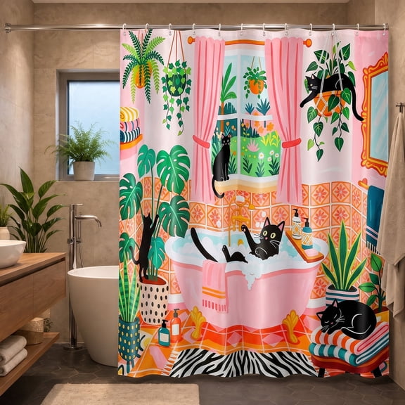 Funny Black Cat Shower Curtain with 12 Hook Green Tropical Plant Pink Decorative Girly Waterproof Bath Curtain for Bathroom Decor 70.87*70.87In