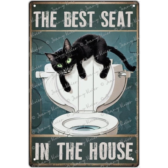 Funny Black Cat Sign For Restroom, Vintage Tin Metal Sign Wall Decor - The Best Seat In The House Tin Sign - Rustic Farmhouse Cafe Bar Cinema Shop Wall Decor, New Home Gift 5.5x8 Inch